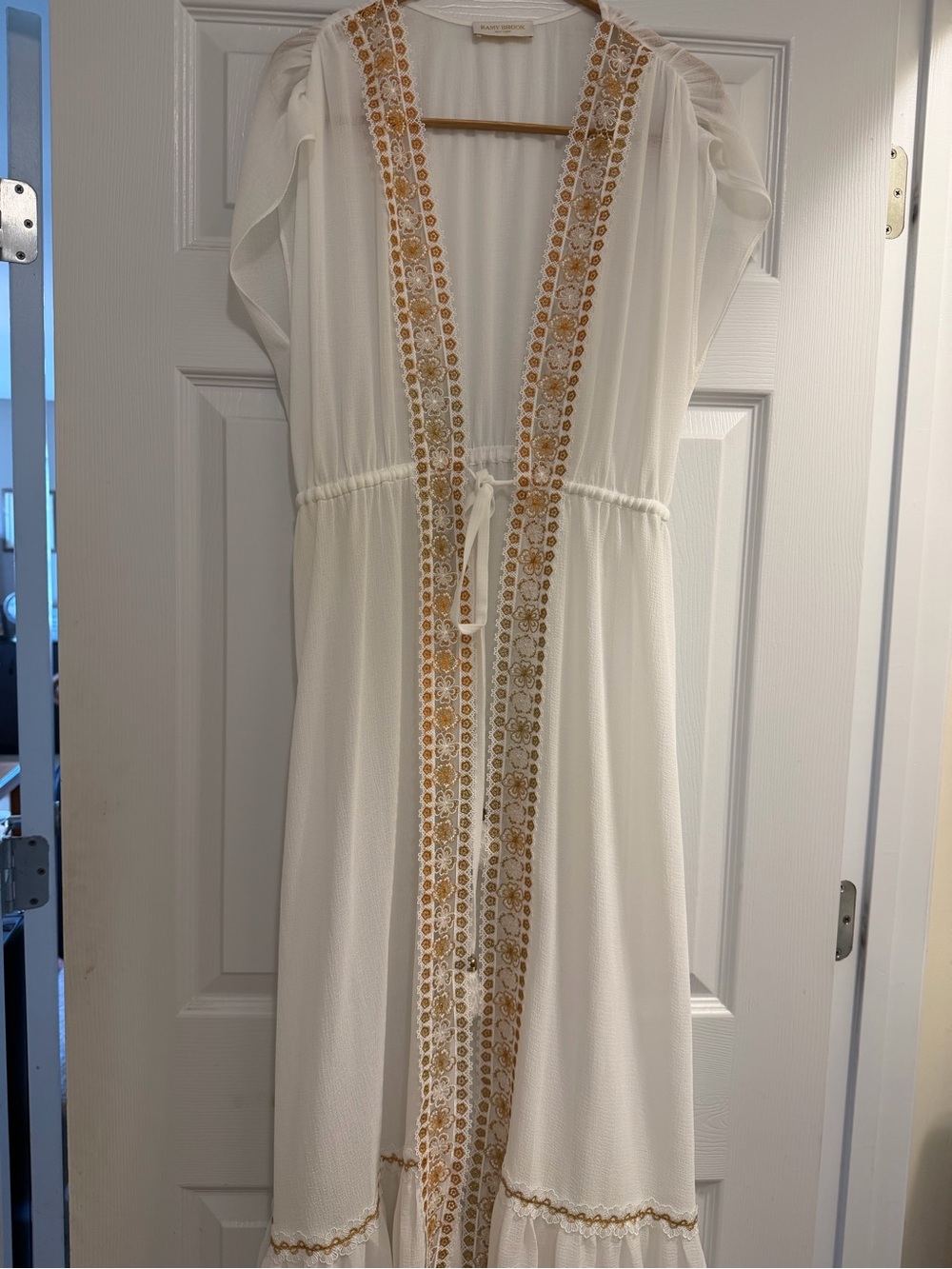 Ramy Brook White Beach Cover-Up with Gold Embroidery. New without tags